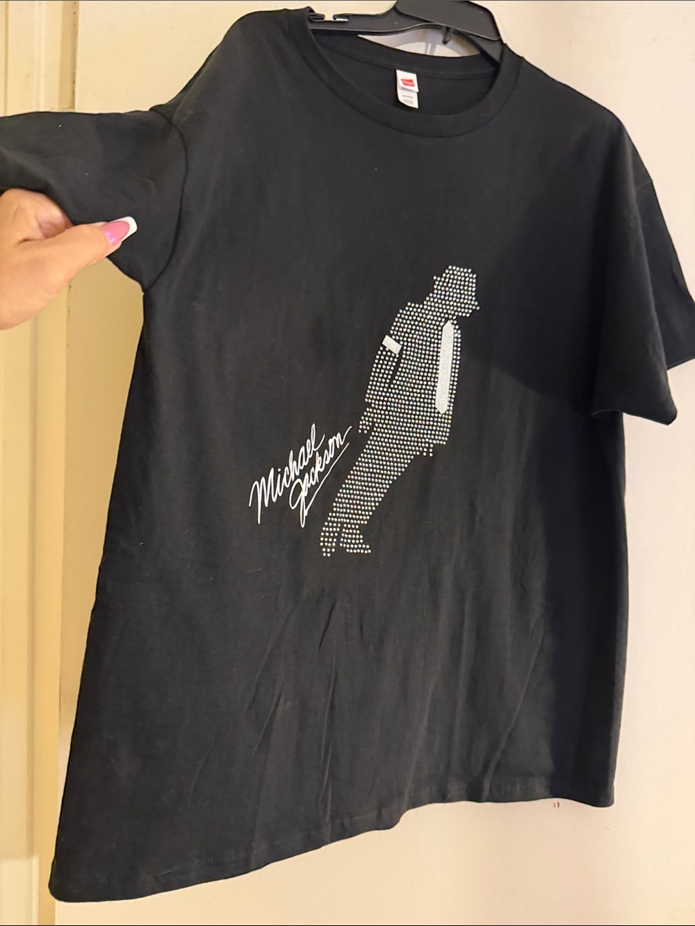 Michael Jackson Rhinestoned Hanes Black T-Shirt with White MJ Silhouette - Picture 5 of 5
